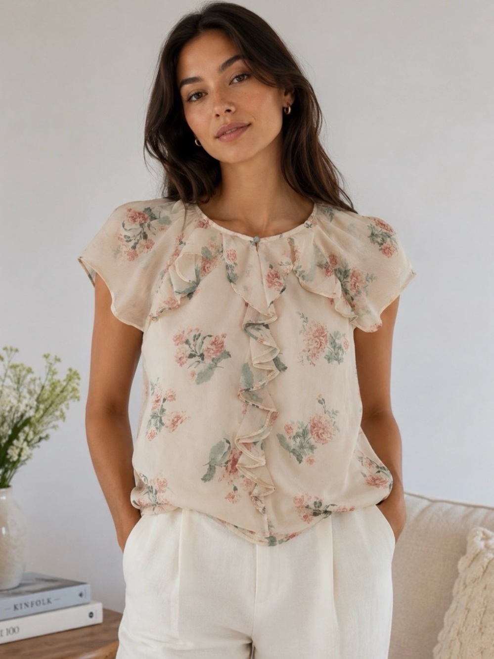 LOFT NWOT Soft Peach Floral Ruffle Blouse